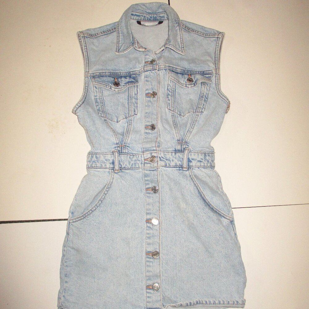 Zara Light Blue Jean Denim Dress Women’s Button Front Sleeveless Size XS